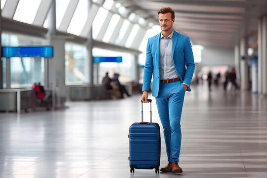 Successful middle-aged businessman in blue suit walks with suitcase through the airport building