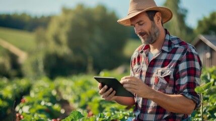 Fototapeta premium Modern farmer holding tablet, modern farm, smart farming concept