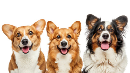 Group of dogs sitting together, isolated on white. Happy pets
