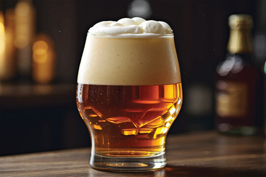 Close-up detail of a glass of beer with abundant creamy white foam
