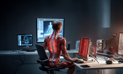 diseases of the spine when working at a computer, sedentary work, stress on the skeleton and spine. - obrazy, fototapety, plakaty
