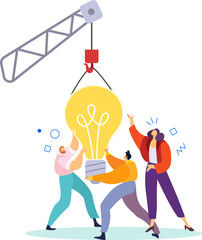 Diverse team hoisting a large light bulb with a crane, metaphor for teamwork and innovation. Bright idea collaboration with multicultural people sharing effort to lift a concept.