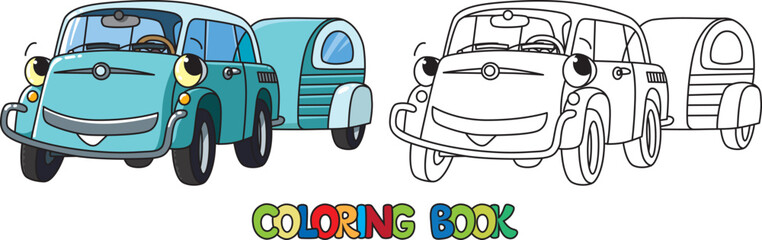 Retro car with eyes with a trailer. Coloring book © passengerz