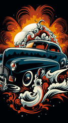 Retro Styled Classic Car with Dramatic Flames Illustration

