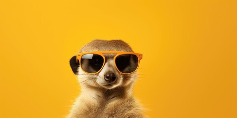 Meerkat in orange sunglasses and matching scarf on a yellow background.