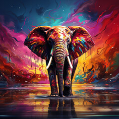 Illustration of an elephant in a colorful setting. Image produced by artificial intelligence.