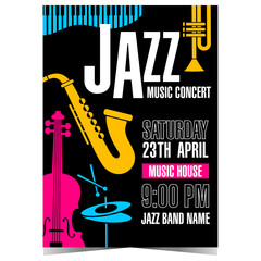 Jazz music concert invitation template with saxophone and other musical instruments on a black background. Vector banner, poster, leaflet or flyer for live event, cultural show or music festival.