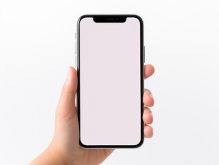 smartphone holding in hand with empty screen on white background.