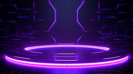 The future showcase concept is represented by an empty scene with an abstract geometric glow neon background, a technological banner displaying products, and a 3d render.