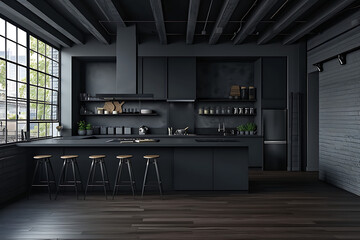  an open and very black kitchen with stools throughout