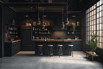  an open and very black kitchen with stools throughout