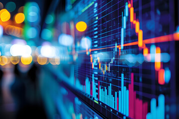 Close-up photo digital screen with stock market charts. Successful stock market trading concept