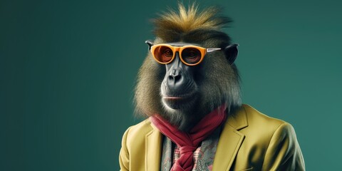A mandrill in a stylish outfit with orange sunglasses.