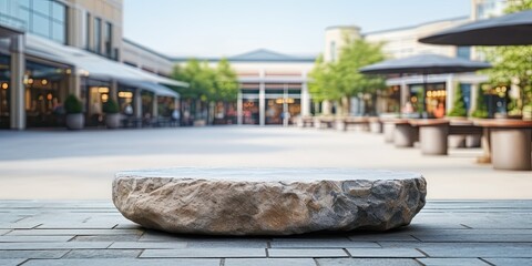 Stone table and blurred shopping plaza - ideal for showcasing or creating product montages.