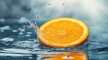  an orange slice is being dropped into a liquid in