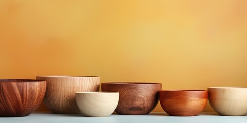 Fototapeta na wymiar Various wooden bowls on a bright studio backdrop