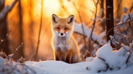 Red Fox in Snowy Woods Bathed in Golden Hour Light