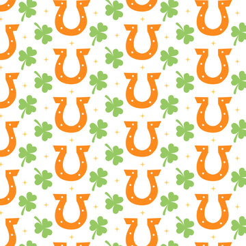 Seamless St. Patrick's day pattern with hand drawn shamrock and horseshoe. Background for irish celtic holidays. St. Patrick's Day symbols for packaging, banner, wallpaper, paper, textiles