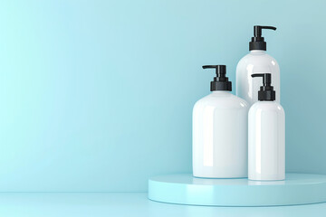 White cosmetic pump bottles on a round podium on a sky blue background. Mock up. Copy space.
