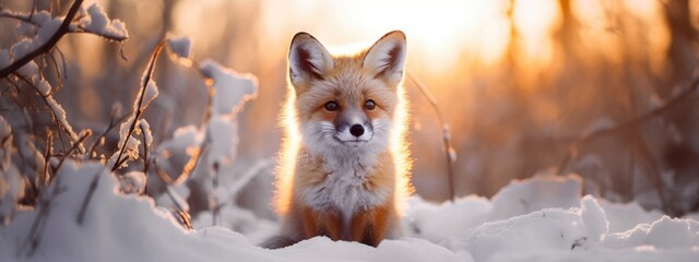 Red Fox in Snowy Woods Bathed in Golden Hour Light