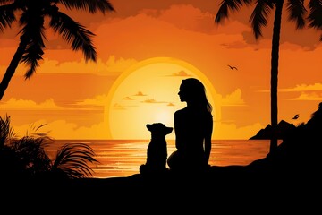 silhouette friendship on sunset - relaxation with pet on beach at golden hour - doge and lady