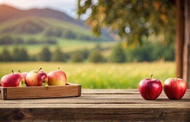 Ripe apple harvest And Empty wooden table with rural background