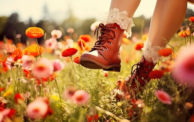 The legs of a woman in red ankle boots on a flower field
