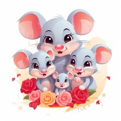 Illustration of a family of mice with flowers on a white background.