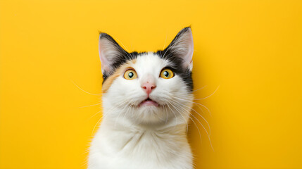Close up portrait of black and white cat looking surprised in camera isolated on yellow background...