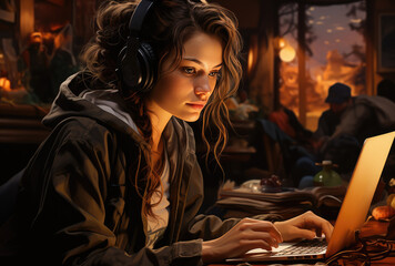 A focused woman in casual attire sits indoors, her face illuminated by the glow of a laptop screen as she tunes out the world with headphones while engrossed in her computer work
