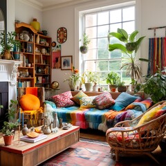 Boho chic living room with eclectic furniture and artistic flair