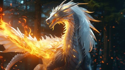 Fantasy white fire dragon. Neural network AI generated art