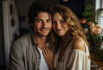 Fototapeta premium A joyful couple poses for a photograph, showcasing their friendship and love as they stand against a wall adorned with a houseplant, radiating happiness and warmth in their stylish attire