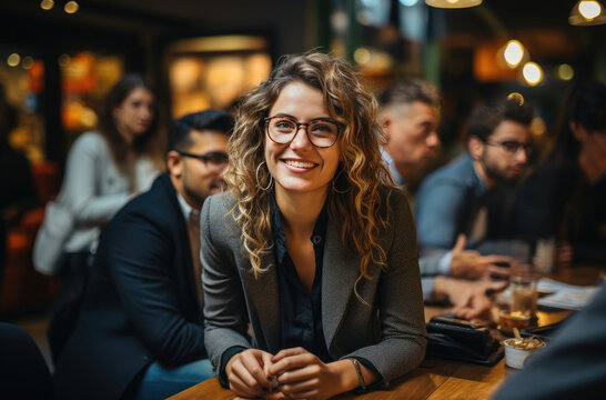 A group of stylishly dressed individuals engage in lively conversation as a beaming woman, her glasses adding a touch of sophistication, takes center stage at the indoor event