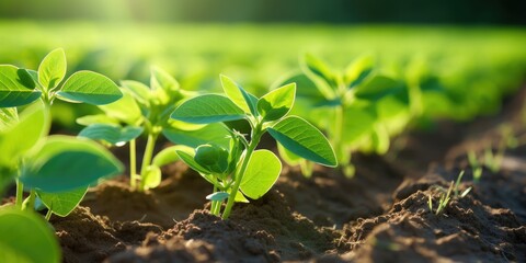 Soybean Plants Growing in a Grooved Row. Cultivated GMO Field with Small Plant Growth and Green - obrazy, fototapety, plakaty