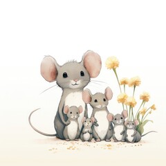 Watercolor illustration of a family of mice with flowers on a white background.