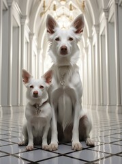 Two playful puppies of the same dog breed sit patiently in a pristine white hallway, their mammalian instincts guiding them to stand tall on the indoor floor as they eagerly await their next adventur