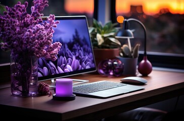 A serene workspace adorned with a vibrant violet houseplant, a sleek laptop, and a flickering...