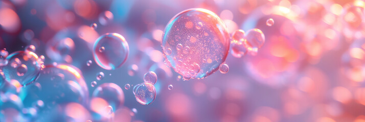 Abstract background of pink and blue soap bubbles. Banner image.