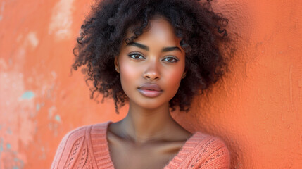 Portrait of a young dark-skinned model wearing a peach cashmere V-neck sweater on a peach background.