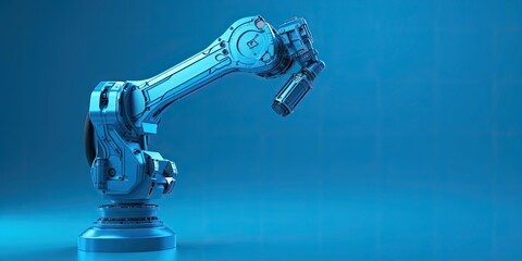 Automatic robot arm 3D on blue background. ITO; Industrial 4.0 concept. Modern industrial technology. For smart, intelligent, digital manufacturing which operate for efficiency and high productivity