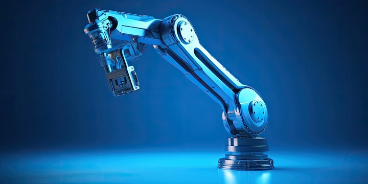 Automatic robot arm 3D on blue background. ITO; Industrial 4.0 concept. Modern industrial technology. For smart, intelligent, digital manufacturing which operate for efficiency and high productivity
