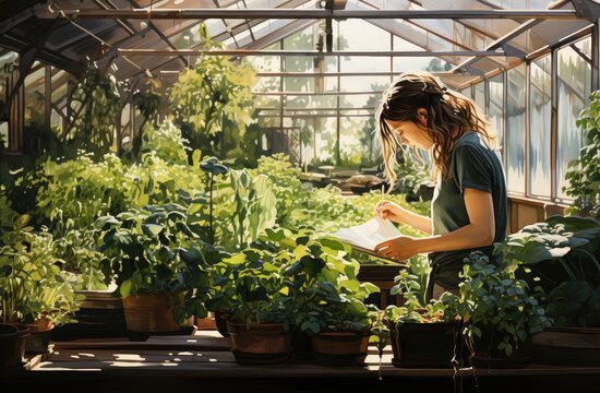 A woman in a lush greenhouse, surrounded by vibrant houseplants and herbs, stands amongst the indoor garden as she tends to her beloved plants in her colorful clothing