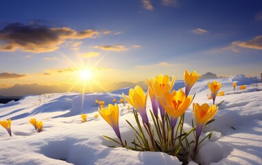 Nature lighting of spring landscape with first yellow tulips
