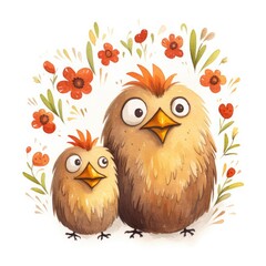 Watercolor illustration of a chicken family, hen and chicks on a white background.