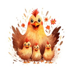 Fototapeta premium Watercolor illustration of a chicken family, hen and chicks on a white background.