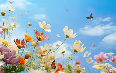 Fototapeta na wymiar Spring flowers fly against the blue sky