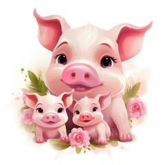 Illustration of a family of pigs, mother pig and piglets on a white background.