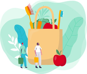 Two tiny people carrying shopping bags with a huge grocery bag filled with food and a comb, concept of shopping. Miniature workers next to oversized grocery sack, conveying abundance, shopping theme.