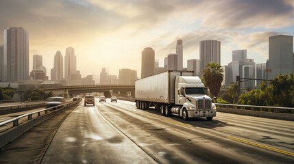 Truck transport on the road at sunset and cargo. Neural network AI generated art